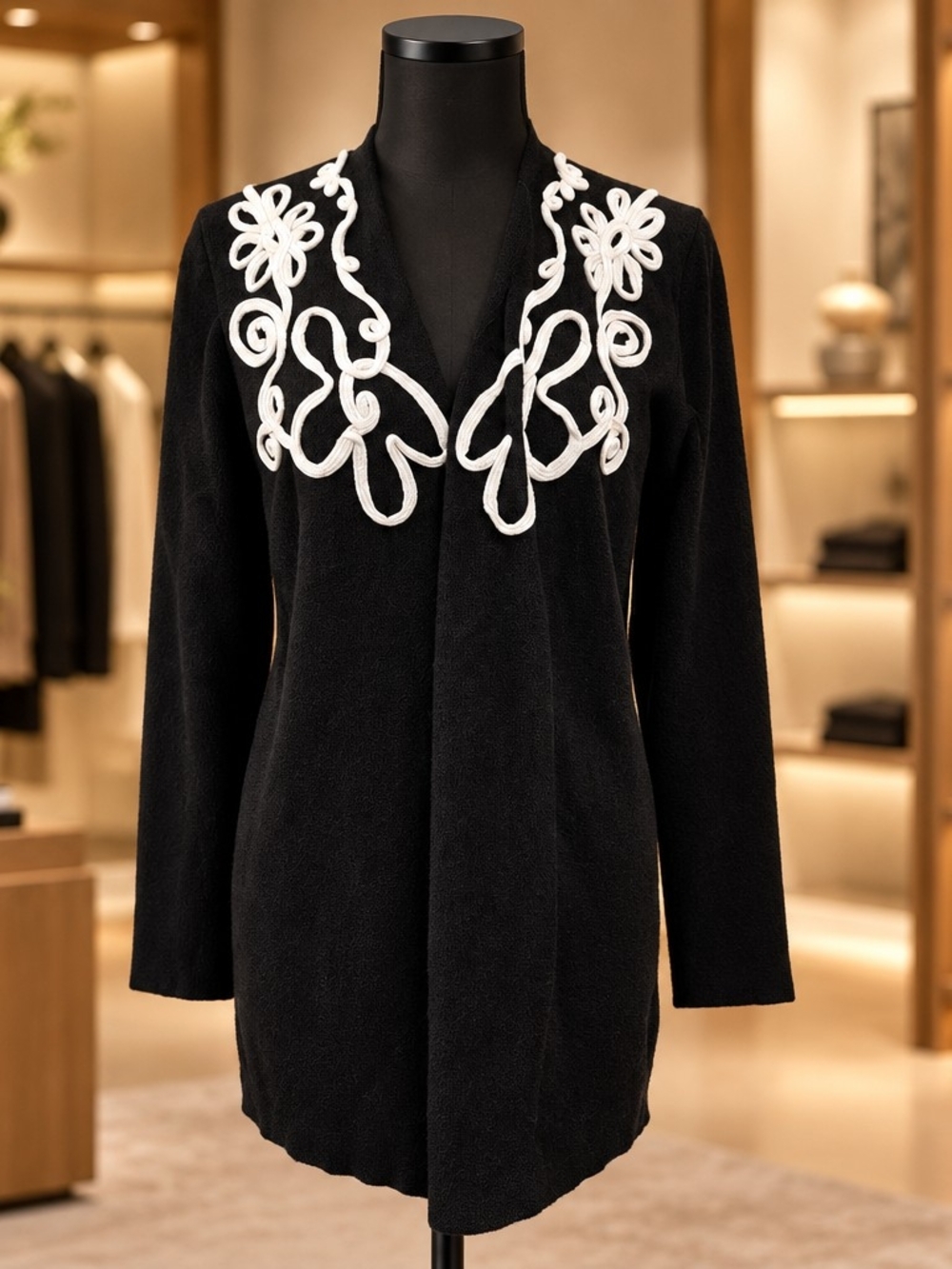 CAROLYN TAYLOR Size XL Large Black Ivory Open Front Cardigan Sweater